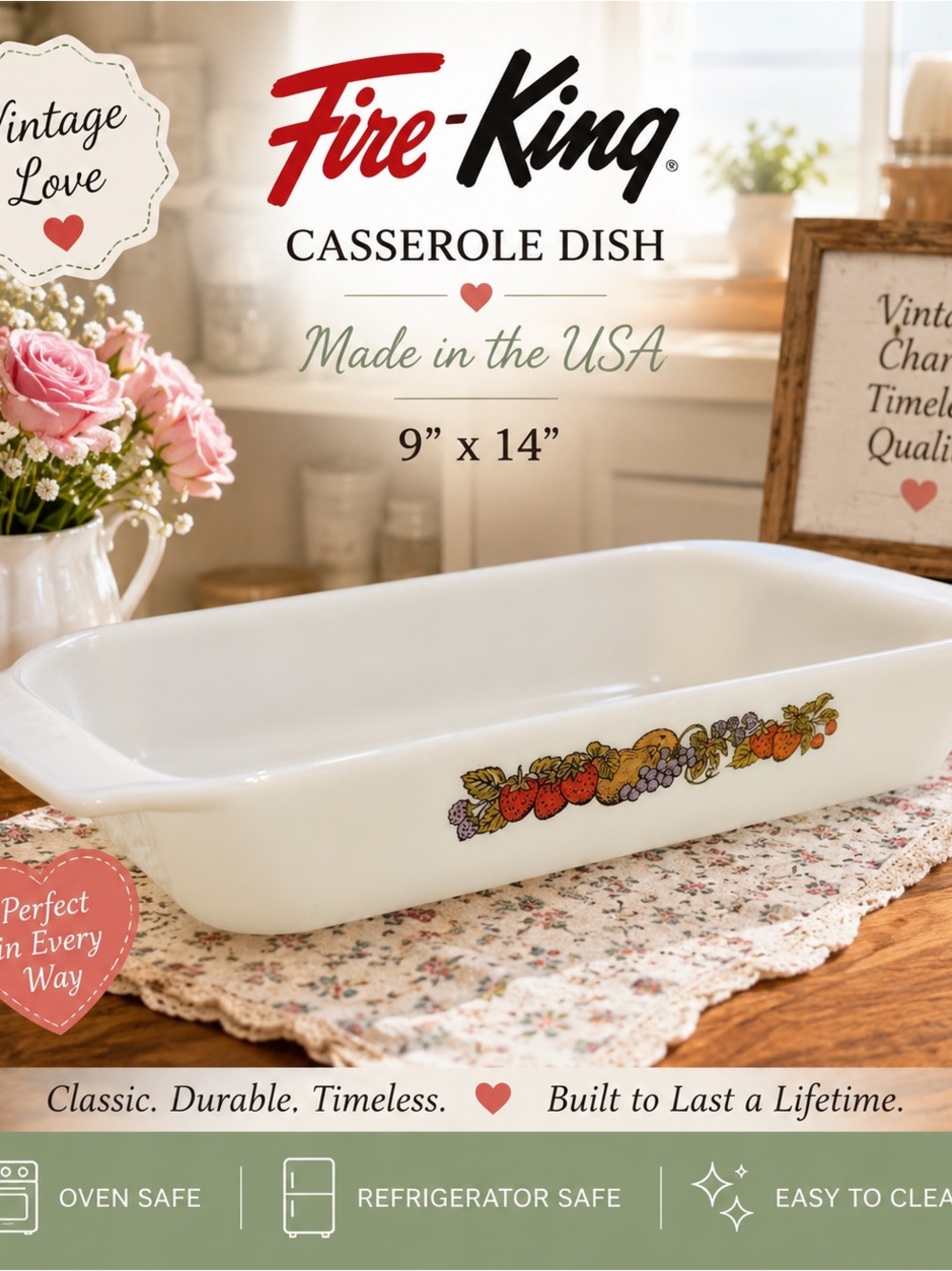 Fire King White Casserole Dish with Fruit Motif